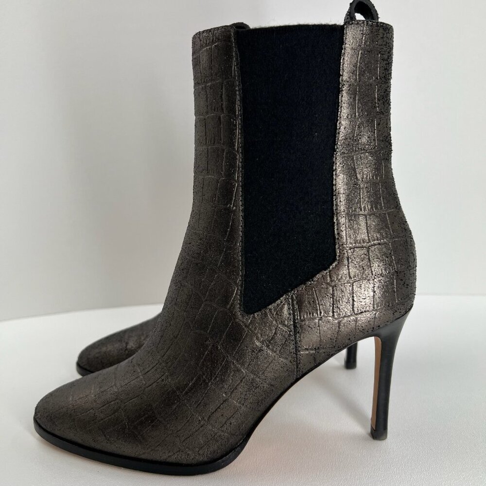 PAIGE Celeste Ankle Bootie Size 8.5 Stiletto Heel Gunmetal Croc Leather Metallic - Picture 3 of 14